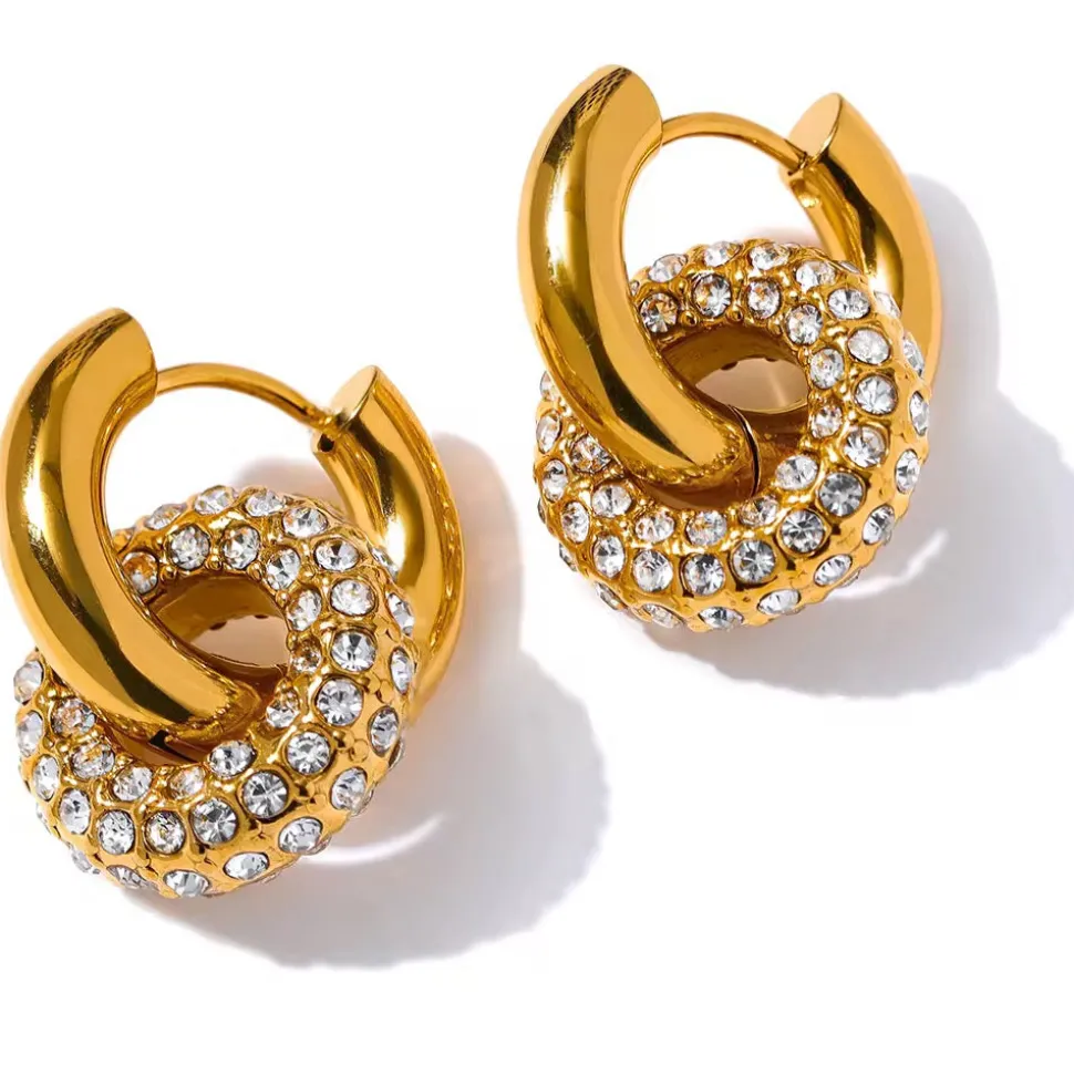 Double Hoop Drops in 18K Gold-Plating or Silver with Cubic Zirconia