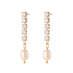 Freshwater Pearl Chain Drops in 18K Gold-Plating with Cubic Zirconia