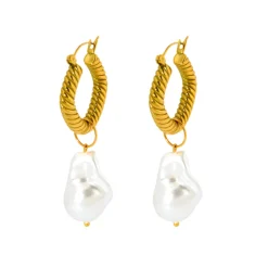 18K Baroque Pearl Hoop Drop Earrings