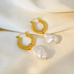 18K Baroque Pearl Hoop Drop Earrings