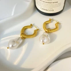 18K Baroque Pearl Hoop Drop Earrings