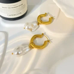 18K Baroque Pearl Hoop Drop Earrings