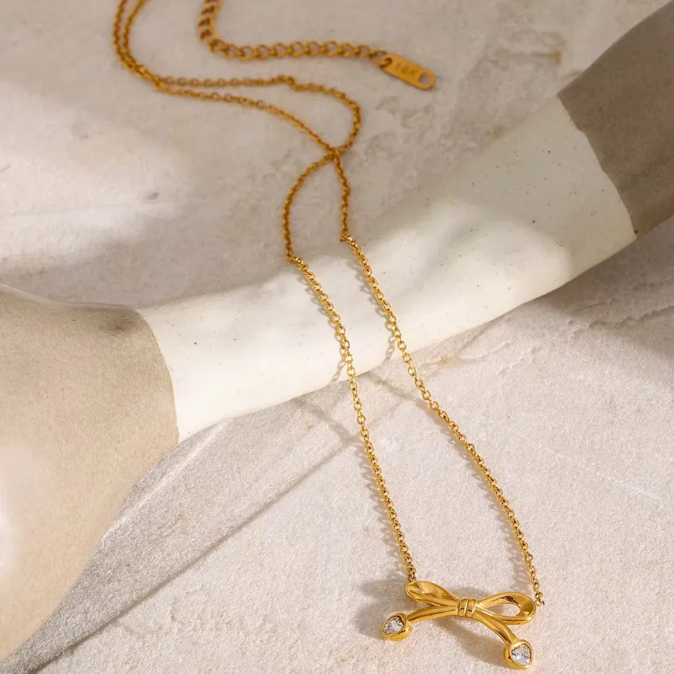 18K Bow CZ Necklacd
