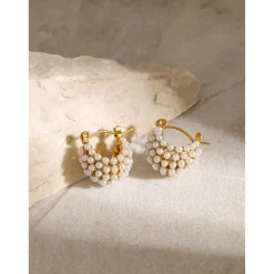 18K Chunky Round Mini Pearl Hoops