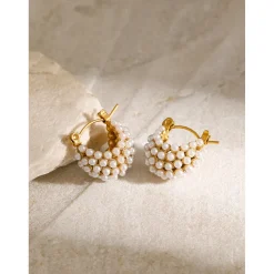 18K Chunky Round Mini Pearl Hoops