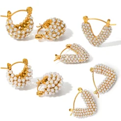 18K Chunky Round Mini Pearl Hoops