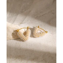 18K Chunky V Shape Mini Pearl Hoops