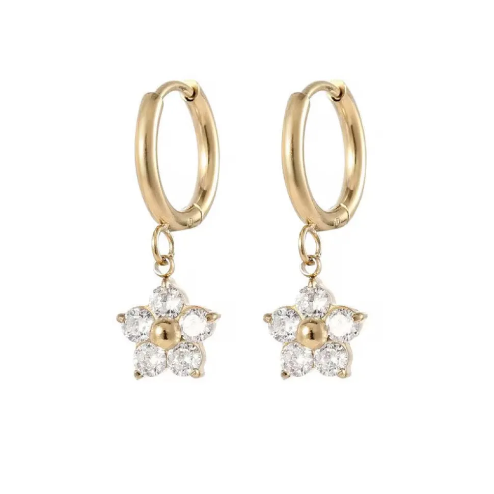 18K Clear Flower Charm Huggies