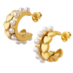 18K Double Layered Pearl Heart Hoop Earrings