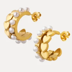 18K Double Layered Pearl Heart Hoop Earrings