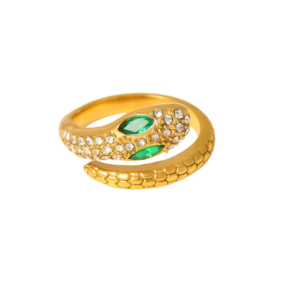 18K Emerald Eyes Textured Snake Ring