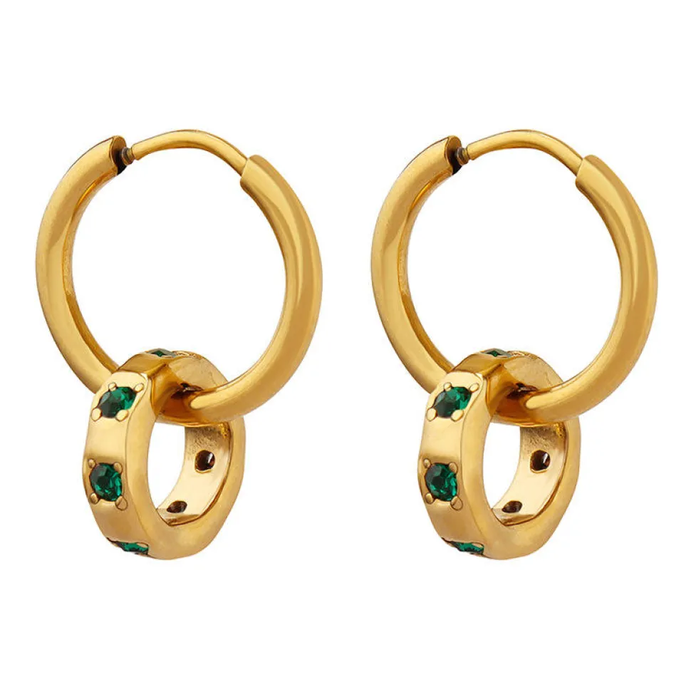 18K Emerald Green CZ Double Hoop Earrings