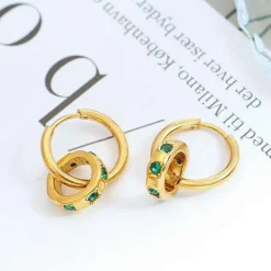 18K Emerald Green CZ Double Hoop Earrings