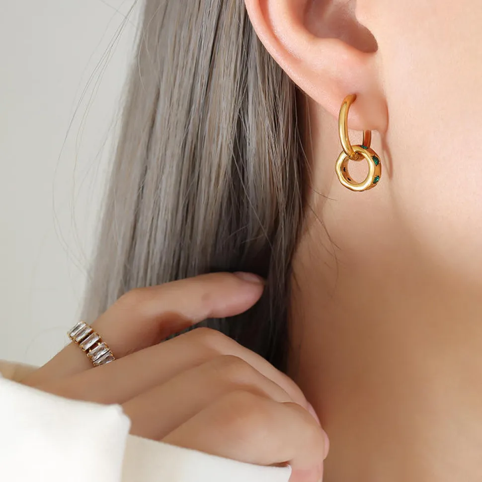 18K Emerald Green CZ Double Hoop Earrings