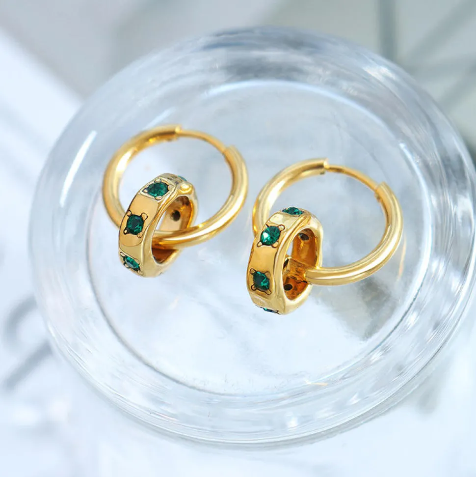 18K Emerald Green CZ Double Hoop Earrings