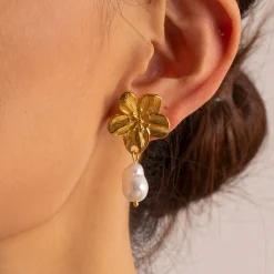 18K Flower Baroque Pearl Drop Earrings