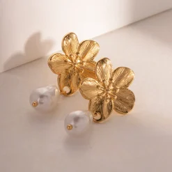 18K Flower Baroque Pearl Drop Earrings