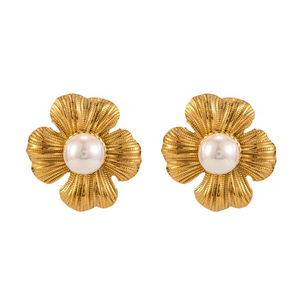 18K Flower Pearl Statement Studs