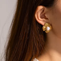18K Flower Pearl Statement Studs