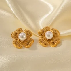 18K Flower Pearl Statement Studs
