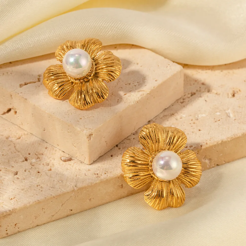 18K Flower Pearl Statement Studs