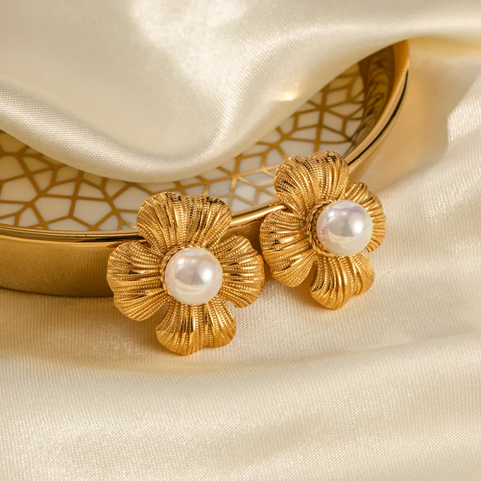 18K Flower Pearl Statement Studs