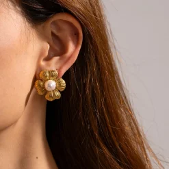 18K Flower Pearl Statement Studs