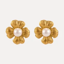 18K Flower Pearl Statement Studs