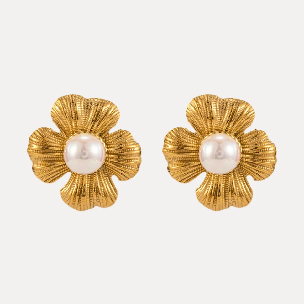 18K Flower Pearl Statement Studs