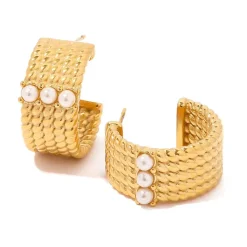18K French Retro Pearl C-Shaped Vintage Hoop Earrings