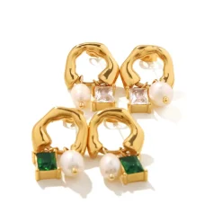 18K French Style Pearl Zircon Stud Earrings
