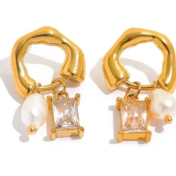 18K French Style Pearl Zircon Stud Earrings