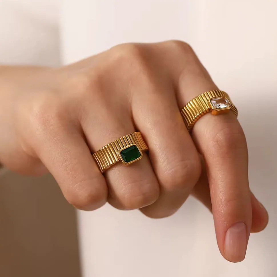 18K French Textured Baguette CZ Ring