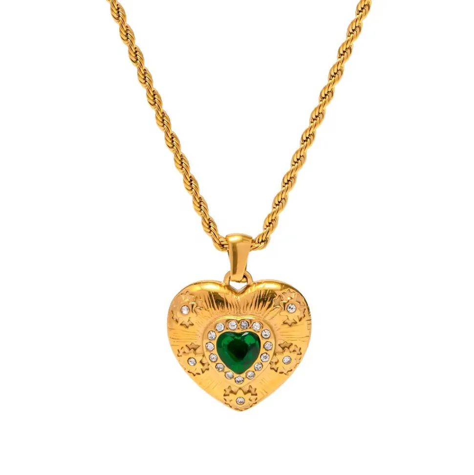 18K Gold Filled Vintage Emerald Heart Necklace