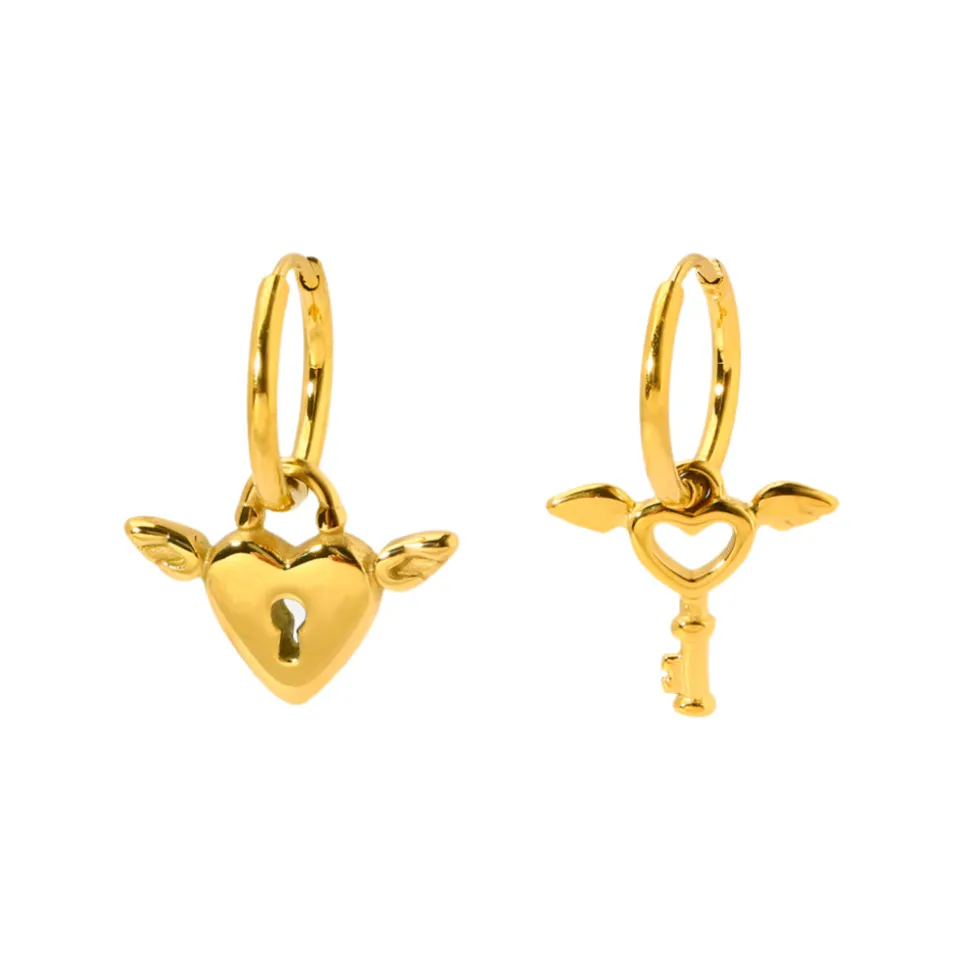 18K Gold Key Heart Drop Earrings