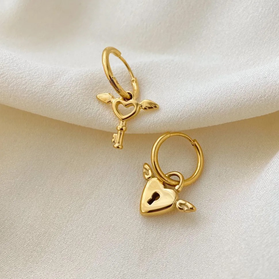 18K Gold Key Heart Drop Earrings