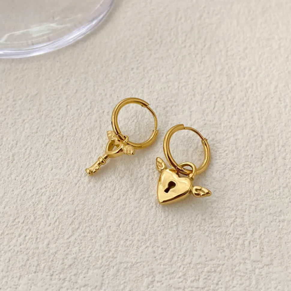 18K Gold Key Heart Drop Earrings