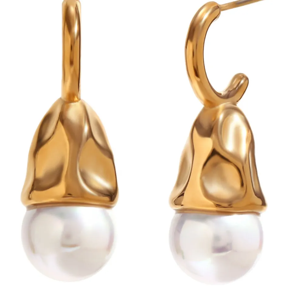 18K Hammered Drop Pearl Earrings