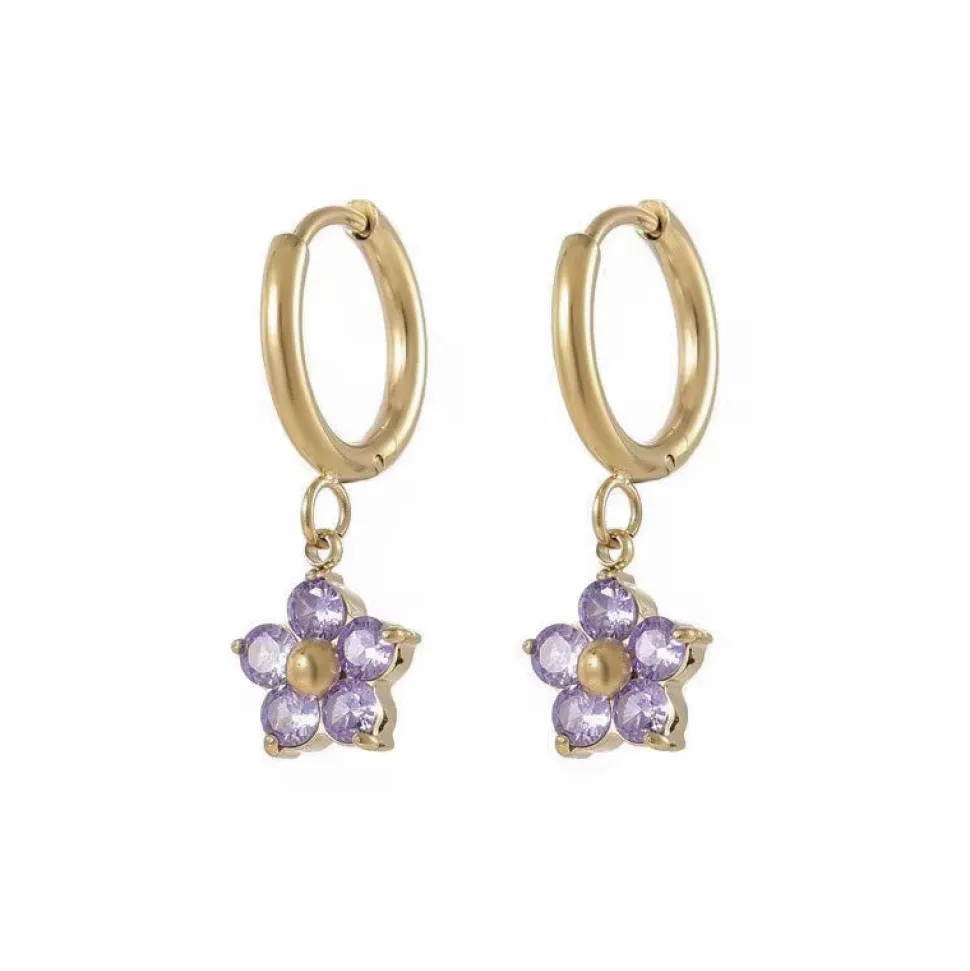 18K Lavender Flower Charm Huggies