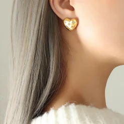 18K Love Heart CZ Stud Earrings