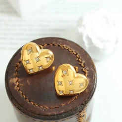 18K Love Heart CZ Stud Earrings