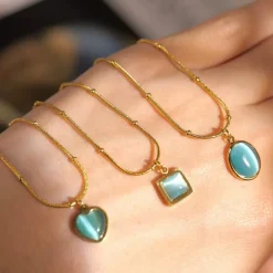 18K Mini Square Blue Cat’s Eye Stone Necklace