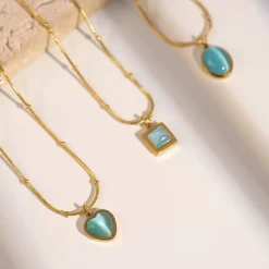 18K Mini Square Blue Cat’s Eye Stone Necklace