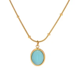 18K Oval Blue Cat’s Eye Stone Necklace