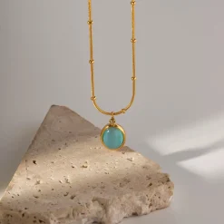 18K Oval Blue Cat’s Eye Stone Necklace