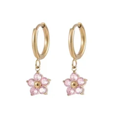 18K Pink Flower Charm Huggies