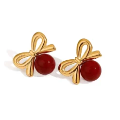 18K Red Ball Bow Earrings