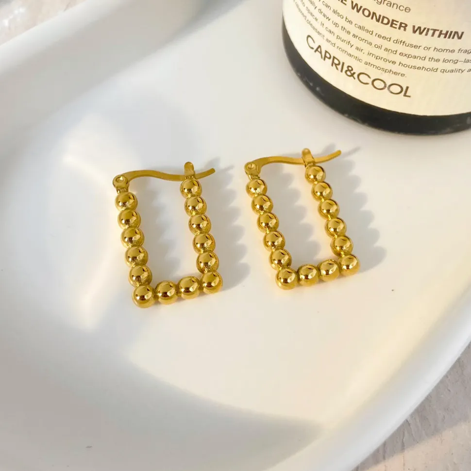 18K Round Ball Square Huggie Earrings