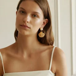 18K Sea Shell Pearl Statement Drop Earrings