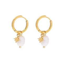 18K Star Charm Fresh Water Pearl Drop Earrings